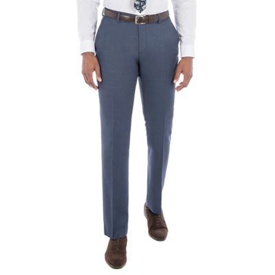 Slate blue texture wool blend plain front tailored fit suit trouser